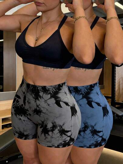 SHEIN Rhythm Era 2pcs Plus Size Women Tie-Dye Shorts, Black, Grey, Navy, Yoga, Golf, Outdoor Casual Sports Shorts