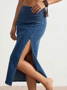 Bohemela Knit Denim Skirt For Women,High Waist Slit Skirt,Bodycon Skirt,Side Slit Design,Spring To Summer,Vacation Skirt,Beach Skirt - Blue - View 3