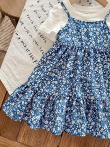 SHEIN LMoss Kids 女婴夏季可爱碎花吊带连衣裙和短袖针织上衣套装 - 彩色 - 查看 5