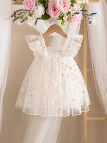 SHEIN Đầm mùa hè dễ thương, thanh lịch, họa tiết hoa, tay ngắn bằng vải lưới, dành cho bé gái. - Nhiều màu - Xem 2