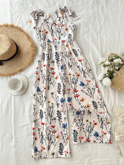 SHEIN Sparklyn 1pc Girls Casual Floral Digital Print Sleeveless Jumpsuit With Detachable Bow Decor, Straight Leg Wide Leg Romper For Daily Wear, Spring/Summer