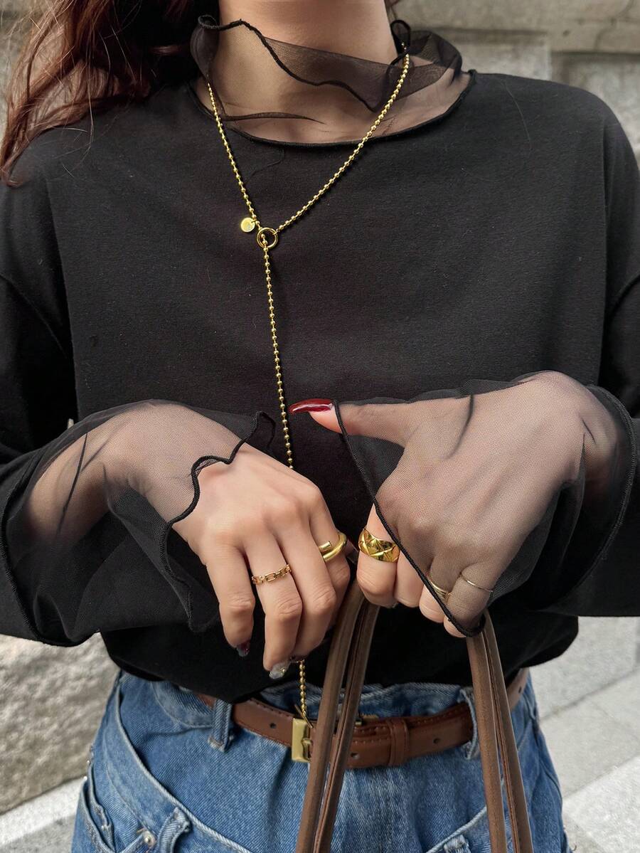 FRIFUL 女士高领网眼拼接宽松叠层街头风长袖T恤 - 黑色 - 查看 1