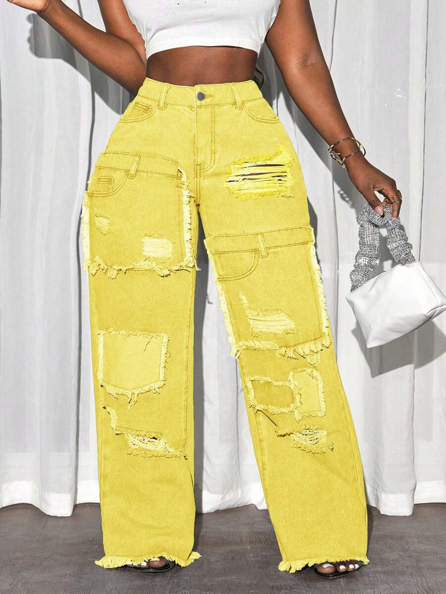 SHEIN Tall CURVE Plus Size Women's Fashion Distressed Frayed Hem Jeans - Yellow - View 1