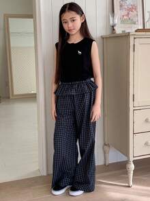 DAZY Tween Girls' Solid Color Plaid Patchwork Sleeveless T-Shirt And Pants Set - Navy Blue - View 4