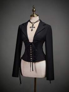 SHEIN ICON 女士时尚深色系带长袖修身上衣 - 黑色 - 查看 12