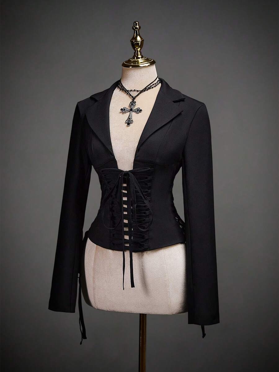 SHEIN ICON Women's Fashion Dark Style Lace-Up Long Sleeve Fitted Top - Black - View 1