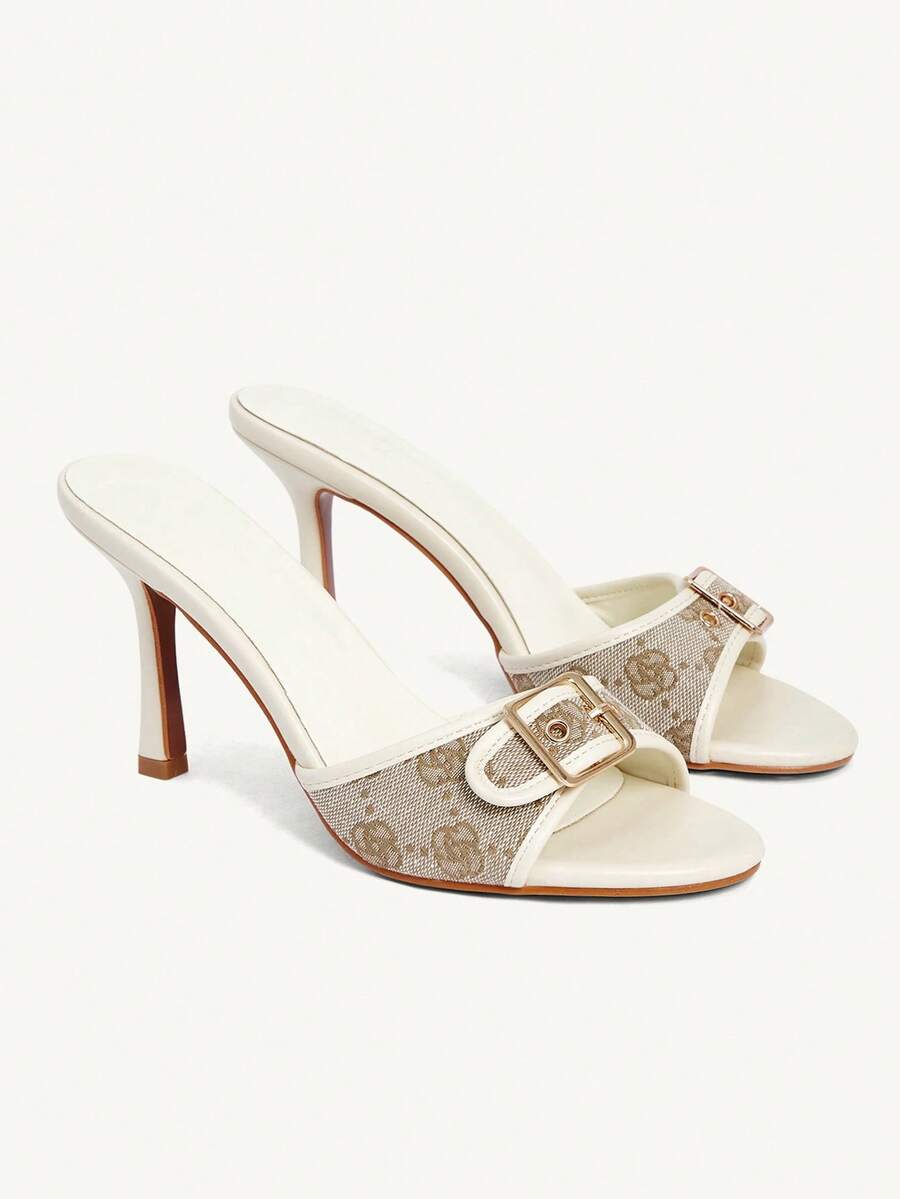 CUCCOO CHICEST Beige PU Color Scheme Small Rose Splicing Gold Buckle Design Fashionable And Sexy Elegant Round Toe High Heel Slippers - rice apricot - View 1