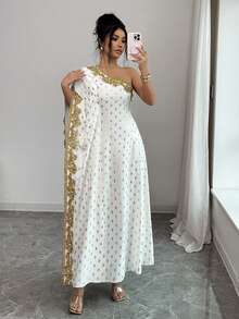 GlowEve 女士金箔花卉饰边不对称袖长款连衣裙 - 彩色 - 查看 7