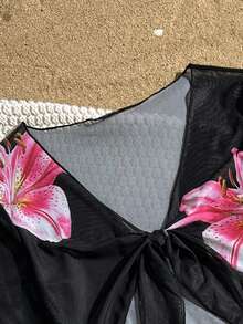 1件女童黑色底粉色百合花连体泳衣+短款网纱罩衫 - 彩色 - 查看 7