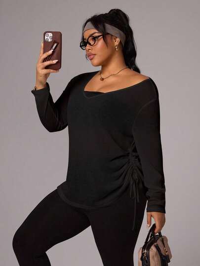 Rhythm Era Plus Size Women's V-Neck Plus Size Shoulder Drawstring Hem Adjustable Loose Long Sleeve Sports Casual Yoga Running T-Shirt, Textured Snowflake Fabric, Suitable For All Seasons Black Tops For Women Black Long Sleeve Top Comfy Sets Women