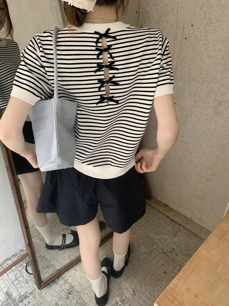 Women's Unique Backless Bow Striped Short Sleeve T-Shirt, French Style Round Neck Fitted Knit Top