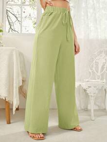 SHEIN Essnce Women's Elastic Waist Drawstring Pocket Loose Casual Pants, Versatile - Lime Green - View 3
