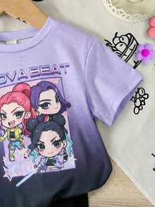 SHEIN 2件套女婴针织可爱渐变色圆领T恤和短裤套装 - 彩色 - 查看 8