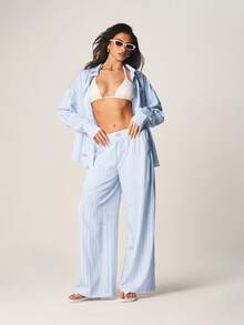 MISSGUIDED Vertical Striped Wide Leg High Rise Palazzo Trousers Casual Loose Fitting Summer Pants Elastic Waist Flowy Beach Vacation Comfortable Loungewear - Baby Blue - View 3