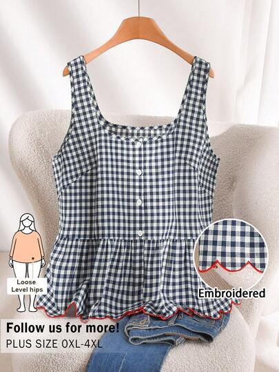 CosyJoli Plus Size Women Contrast Trim Top, Floral Trim Women's Outerwear, Cute New Women's Clothing, Plaid Top, Casual Women Apparel Gingham Top Checkered Top Peplum Top Sleeveless Top Spring/Summer Tops Women Spring/Summer Outfits For Casual Vacation Women