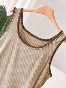 CosyJoli 大码女式水洗雪花吊带背心休闲街头风上衣，大码女式撞色滚边吊带背心/吊带衫 - 駝色 - 查看 4