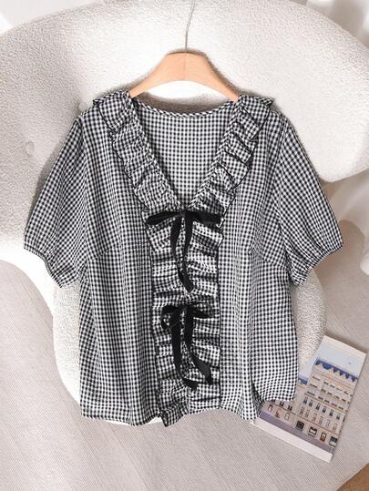 CosyJoli Plus Size Plaid Bow Decor Short Sleeve Shirt, Going Out Tops