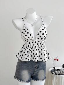 Elamini 女式圆点图案细肩带褶皱腰吊带背心 - 彩色 - 查看 5