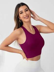 Eassivo Eassivo 女士反光条纹高弹无缝短款运动背心，夏季短款上衣，女士健身运动短款上衣，酒红色运动上衣，栗色运动上衣，短款运动上衣，健身服，女士运动服，健身上衣，女士运动上衣 - 中紫紅色 - 查看 6