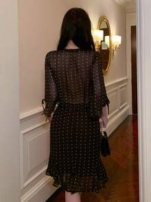 DAZY Spring & Summer Polka Dot Print Flare Sleeve Chiffon Blouse, Black Cropped Tie Front Shirt, Bodycon Skirt, Fishtail Skirt, Two Pieces Set, Casual, Beach, Wedding, Elegant, Slim Fit, Sheer Mesh Patchwork - Brown - View 4