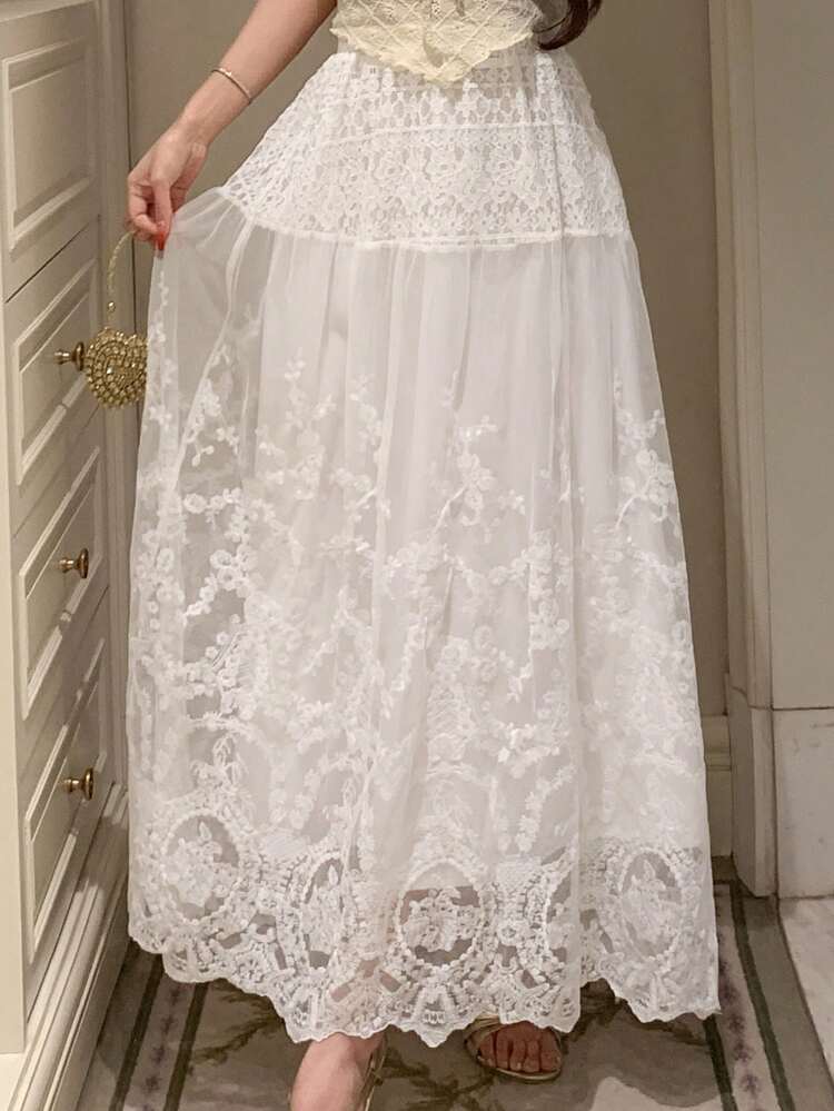 Women's Casual Vacation Style Elastic Waist Lace Long Skirt, Elegant