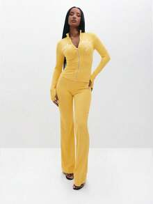 BABYPHAT Women Ribbed Pull On Flare Leggings High Waisted Bell Bottom Pants Stretchy Bootcut Yoga Casual Comfortable Fitted Wide Leg Trousers - Light Yellow - View 4