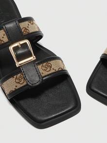 CUCCOO BIZCHIC New Outdoor Women Flat Sandals, Square Toe Rhinestone Silver Slippers, Casual Comfortable Party & Commuting Summer Shoes, Thick Non-Slip Ladies Slides For Christmas Spring Shoes - Black/Flower Cloth - View 7