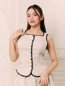 Criza Taa 通勤女士两件套拼色镶边无袖上衣和迷你裙套装夏季女士两件套，女士办公室套装，教师服装，商务休闲女装，商务休闲女装 - 杏色 - 查看 6