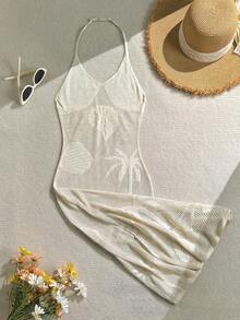 SHEIN 少女钩针编织罩衫连衣裙，休闲沙滩度假长裙 - 杏色 - 查看 8