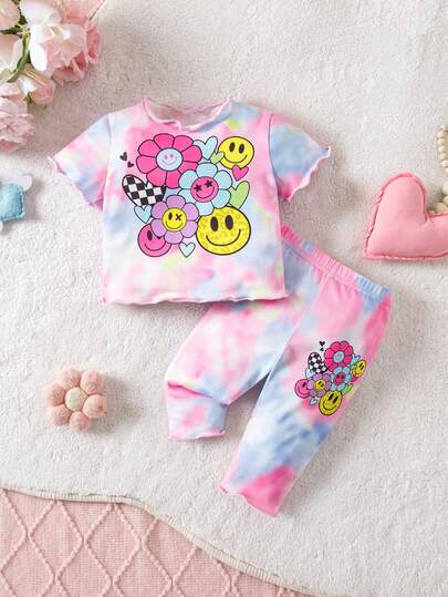 SHEIN 2-Piece Newborn Baby Girl Tie-Dye Face Floral Print, Heart, Leopard Print, Tween Girl Casual And Simple Short-Sleeved Shorts Two Pieces Set, Suitable For Summer, Beach, Vintage Retro Style, Casual Vacation Style, Cute, Y2K Coconutgirl Boho Vacation, Bohemian Music Festival, Suitable For Summer.