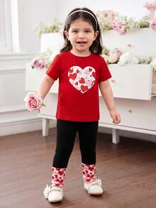 Baby Mädchen Sommer Set aus rotem T-Shirt mit süßem Herzmuster und Skinny Leggings, geeignet für Ausflüge, Freizeitbekleidung und Partys - Verschiedenfarbig - Übersicht 3