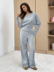 SHEIN Tall 2pcs Women Casual Asymmetric Off Shoulder Sweatshirt Top And SweatPants Set,Fall Clothes For Women,Back To School Clothes - Grey - View 1