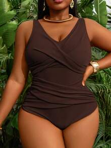 Slaydiva Plus Size Women One-Piece Solid Color Slimming Fashionable Casual Vacation Beach Swimsuit - Coffee Brown - View 5