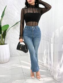 Modelyn 女款純色立領落肩袖修身透視性感上衣 - 黑色 - 查看 5