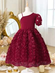 Glamorique Kids Girls' Elegant Wine Red Pearl Puff Sleeve Dress, Spring/Summer Oblique Shoulder Big Bow 3D Floral Hem Dress For Party, Birthday, Banquet - Burgundy - View 2