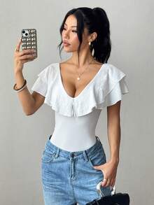 Almamuse Petite Fashionable & Elegant Ruffle Waist Slim Bodysuit - White - View 6