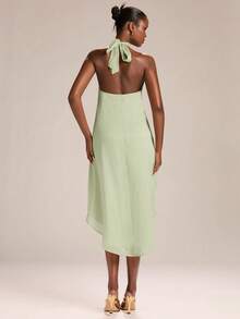 SHEIN BAE 女士绿色露背系带无袖不对称下摆迷你连衣裙，度假连衣裙 - 綠色 - 查看 2