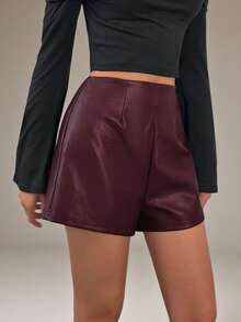 SHEIN Tall Pantaloni scurți pentru femei, vintage, vișiniu, sexy, din piele PU, mini pantaloni scurți pentru petrecere, Halloween, Crăciun, Ziua Recunoștinței, birou, pantaloni scurți eleganți - Burgundia - Vizualizare 7