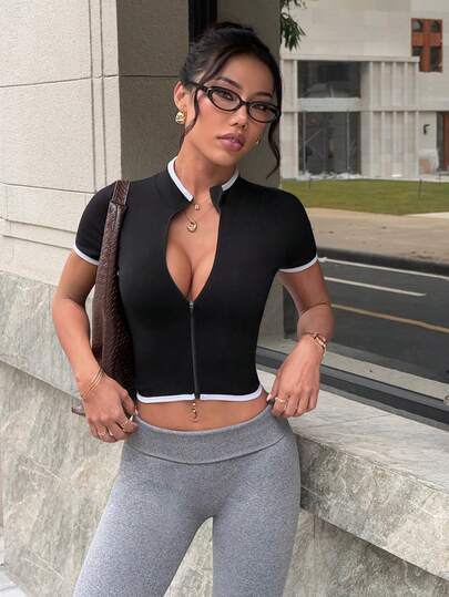 Dewbera 女士夏季休闲运动通勤撞色包边拉链短款修身运动夹克