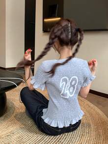 DAZY Women's Retro American Jersey Style Round Neck Ruched Slim Fit Graphic Print Short Sleeve T-Shirt - Grey - View 4