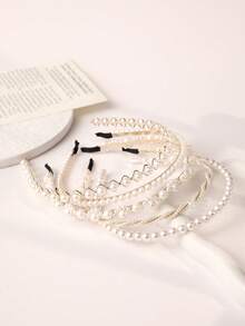 Enchnt 5件套女士仿珍珠侧夹发夹头饰、发箍、发圈、发带、发箍头饰 - 白色 - 查看 3