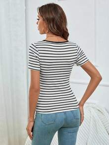 SHEIN Essnce Sweetheart Collar Raglan Striped Casual Ruched Short Sleeve T-Shirt, Summer,Summer Top - White - View 4