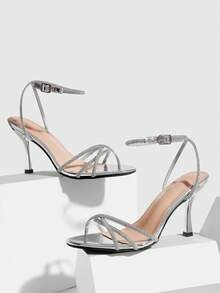 CUCCOO SZL 女士经典简约闪亮水钻细高跟凉鞋交叉绑带设计宴会派对舞蹈性感时尚晚宴通勤女鞋 - 銀色 - 查看 3