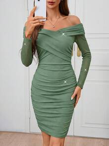 SHEIN Clasi Women's Elegant Sexy Off-Shoulder Ruched Curve Glittery Party Dress - Dark Green - View 5