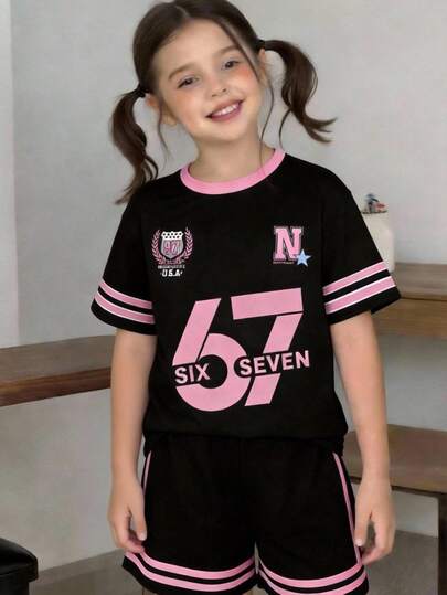 2件套少女休闲短袖上衣短裤套装，适合夏季穿着