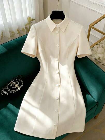 GlowEve Vestido elegante y romántico con cuello y cintura en línea A, sofisticado para ir al trabajo y salidas casuales