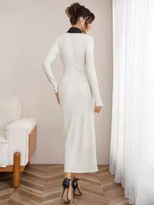 Opuloom فستان طويل أنيق للنساء في الربيع، ذو ياقة منقلبة باللونين الأسود والأبيض، بأكمام طويلة مضفرة، خصر مربوط، أزرار لؤلؤية، مناسب للارتداء اليومي، العمل، الخروج، المواعيد، العشاء، العطلات - متعدد الألوان - مشاهدة 2