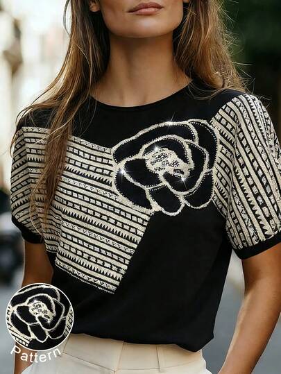 Chiquease 女士休闲圆领插肩袖花卉提花撞色水钻装饰套头针织衫，春夏款