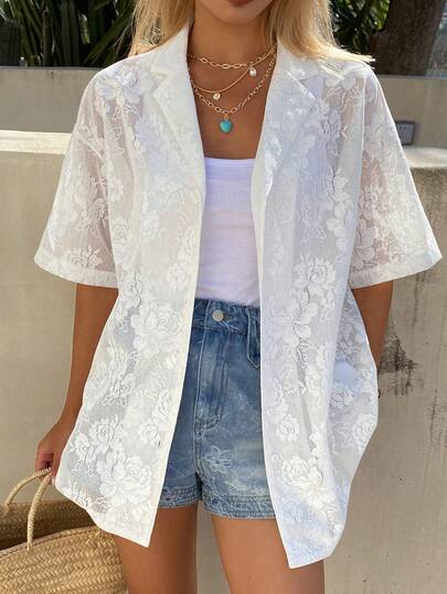 DAZY 女士白色短袖休闲/度假衬衫，春夏款