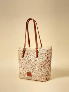 Travachic Summer Fresh & Gentle Lace Tote Bag, Hollow Out Casual Large Capacity Handbag For Work & Commute - Khaki - View 2